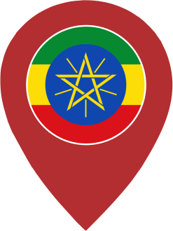 A map pin icon featuring the flag of Ethopia inside a circular emblem against a light grey background.