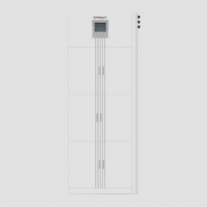 Tall white Crown Energy Storage System with integrated digital display and multi-tiered modular battery cabinet.