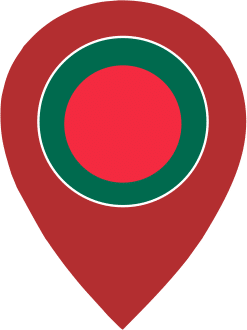 A map pin icon featuring the flag of Bangladesh inside a circular emblem against a light grey background.