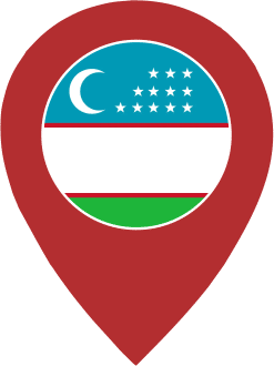 A map pin icon featuring the flag of Uzbekistan inside a circular emblem against a light grey background.