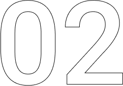 Outline of the number 02 in a thin black sans-serif font.
