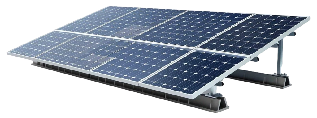 A small grid of dark blue polycrystalline solar panels mounted on a tilted silver metal frame.