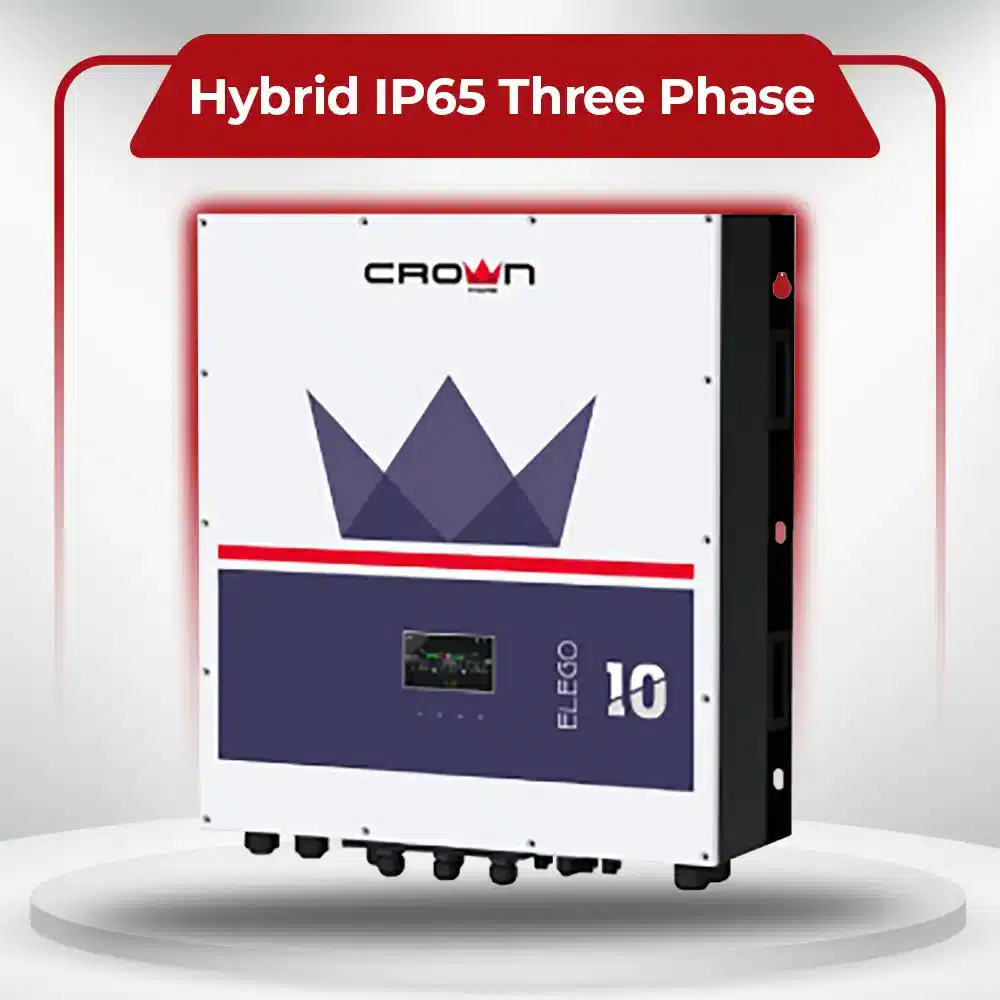 Large white Crown Micro Hybrid IP65 Three Phase inverter with a purple crown logo and built-in LCD screen.