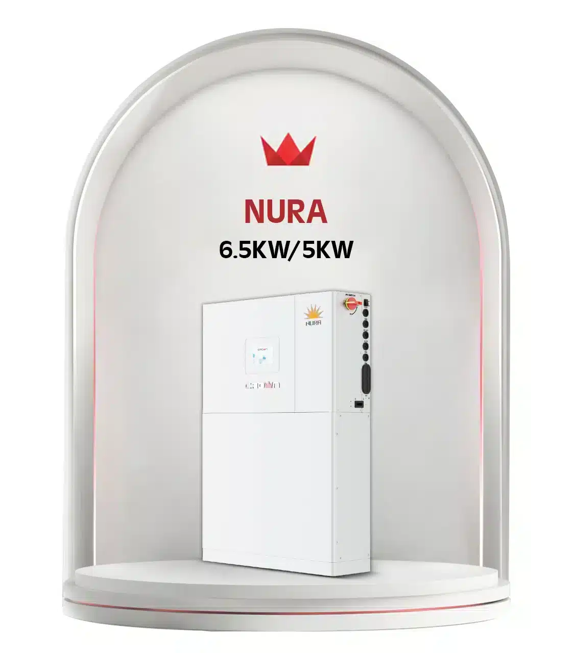 NURA 6.5KW/5KW slim white solar energy storage battery with status display screen and side connectivity ports.