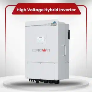 Large white Crown Micro Hybrid IP65 Three Phase inverter with a purple crown logo and built-in LCD screen.