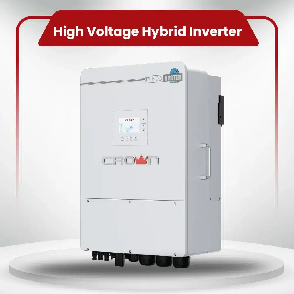 Large white Crown Micro Hybrid IP65 Three Phase inverter with a purple crown logo and built-in LCD screen.