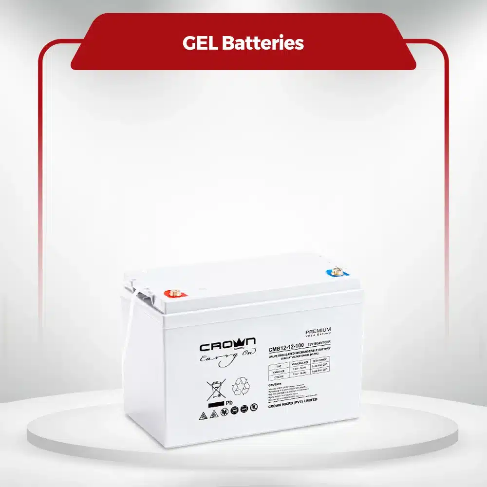 White Crown Micro Carry On GEL battery unit with red and blue terminals for solar and UPS backup systems.