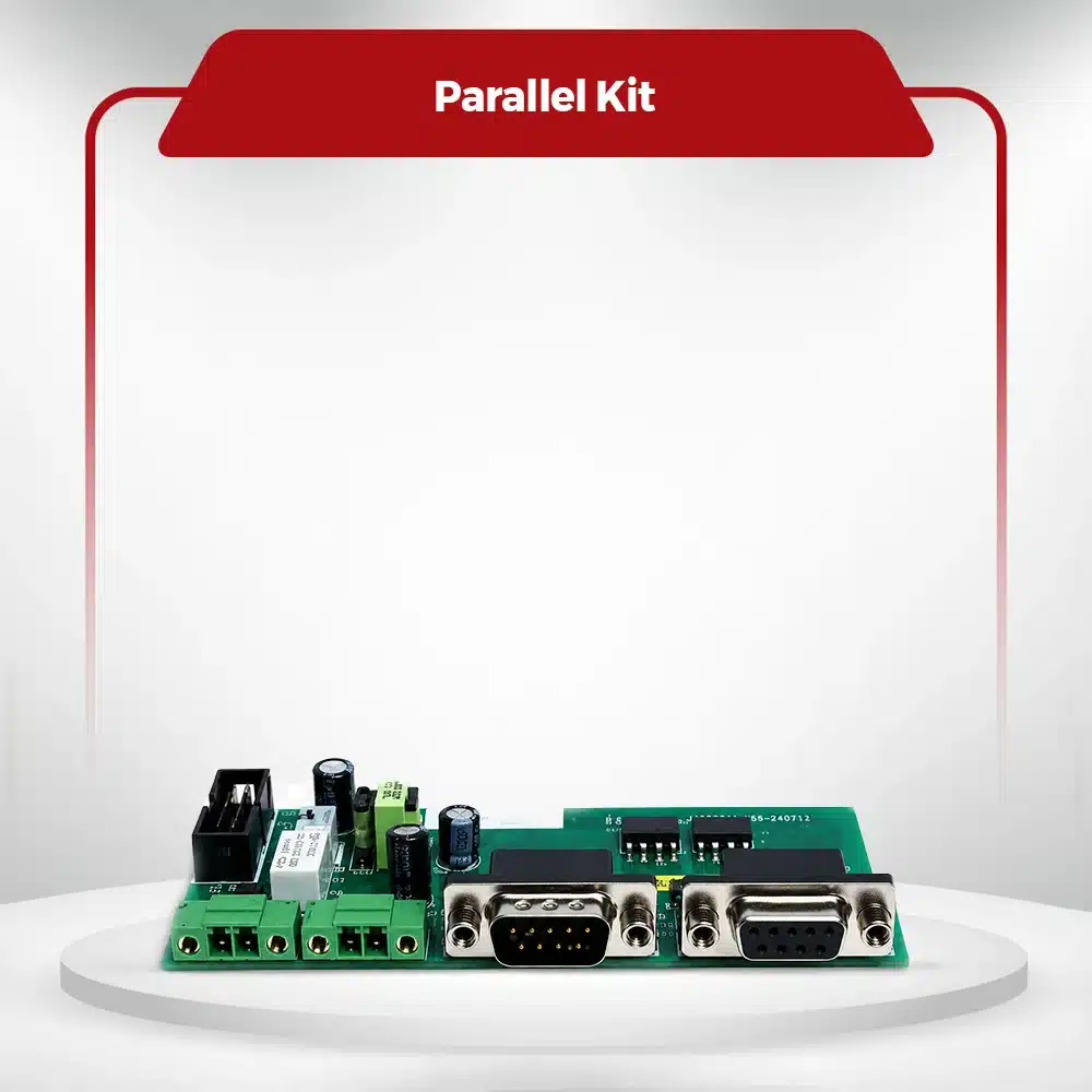 Green PCB Parallel Kit with two serial ports and terminal blocks for connecting multiple solar inverters.
