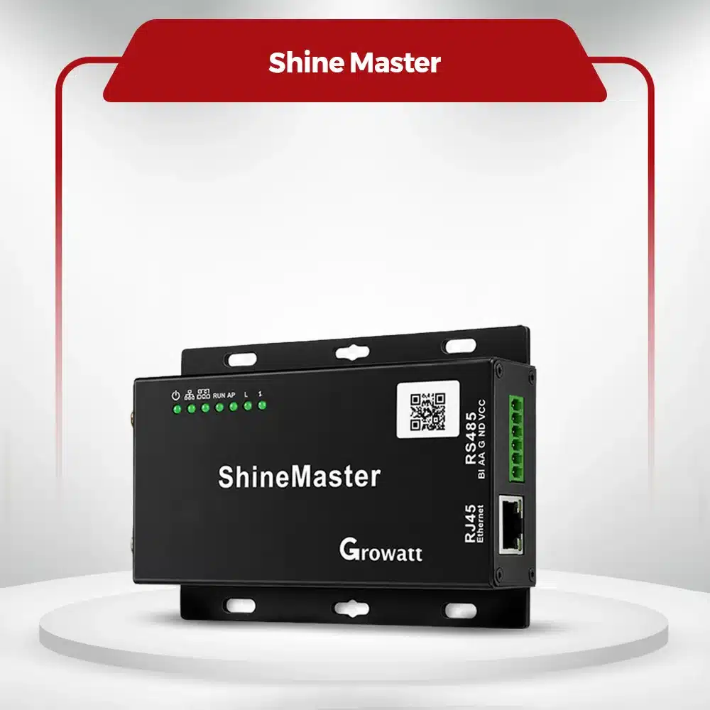 Black Growatt Shine Master data logger with RS485 and RJ45 Ethernet ports for real-time solar system monitoring.
