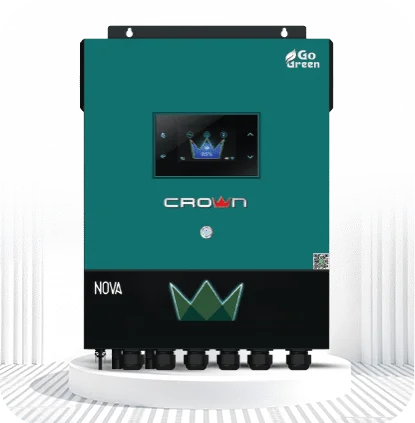 Teal and black Crown Nova solar inverter with a digital LCD display and "Go Green" branding on a white stand.