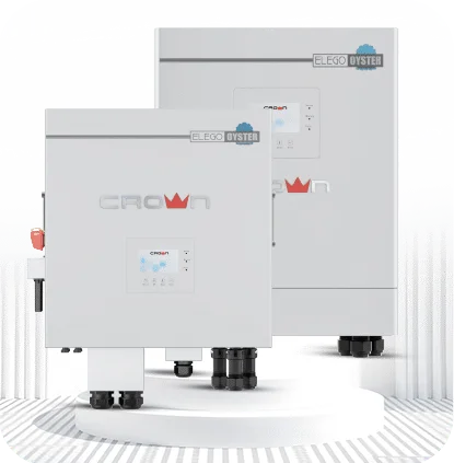 Two white Elego Oyster solar inverters with digital displays and the Crown logo on a white pedestal.