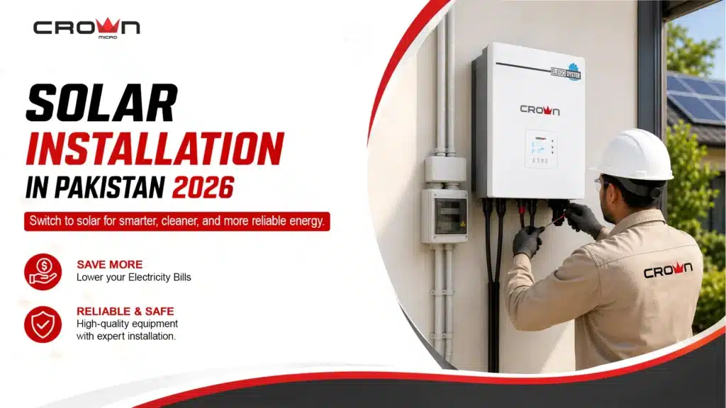 Technician in a hard hat installing a wall-mounted Crown Micro solar inverter for a home system in Pakistan.