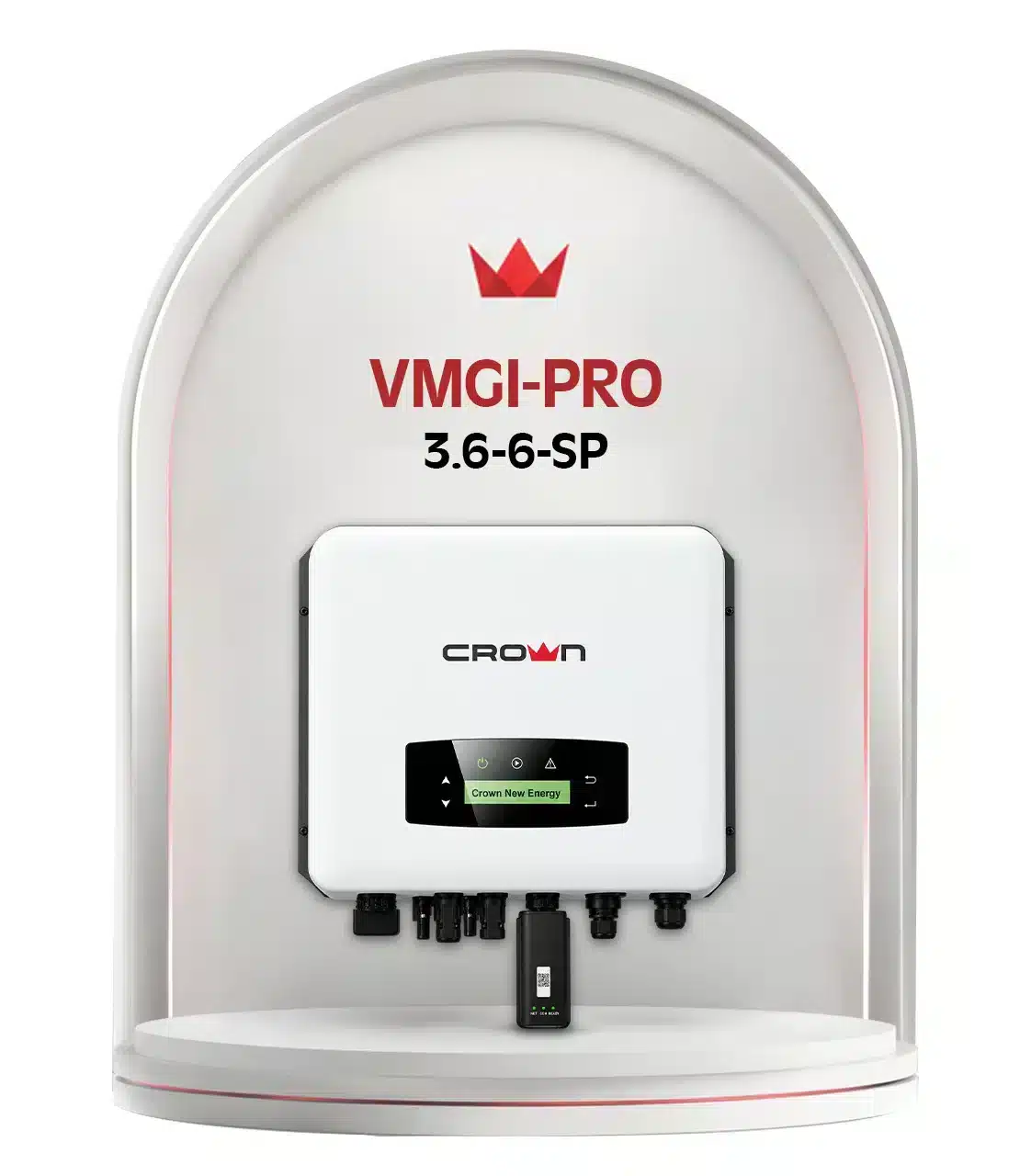 The Crown VMGI-PRO (7-10-SP Series) is an advanced transformerless single-phase solar inverter designed for high-efficiency residential and commercial PV setups. Featuring dual MPP trackers, up to 98.40% efficiency, and an IP66 aluminum enclosure, it delivers robust energy conversion with optional Wi-Fi/GPRS smart monitoring.
