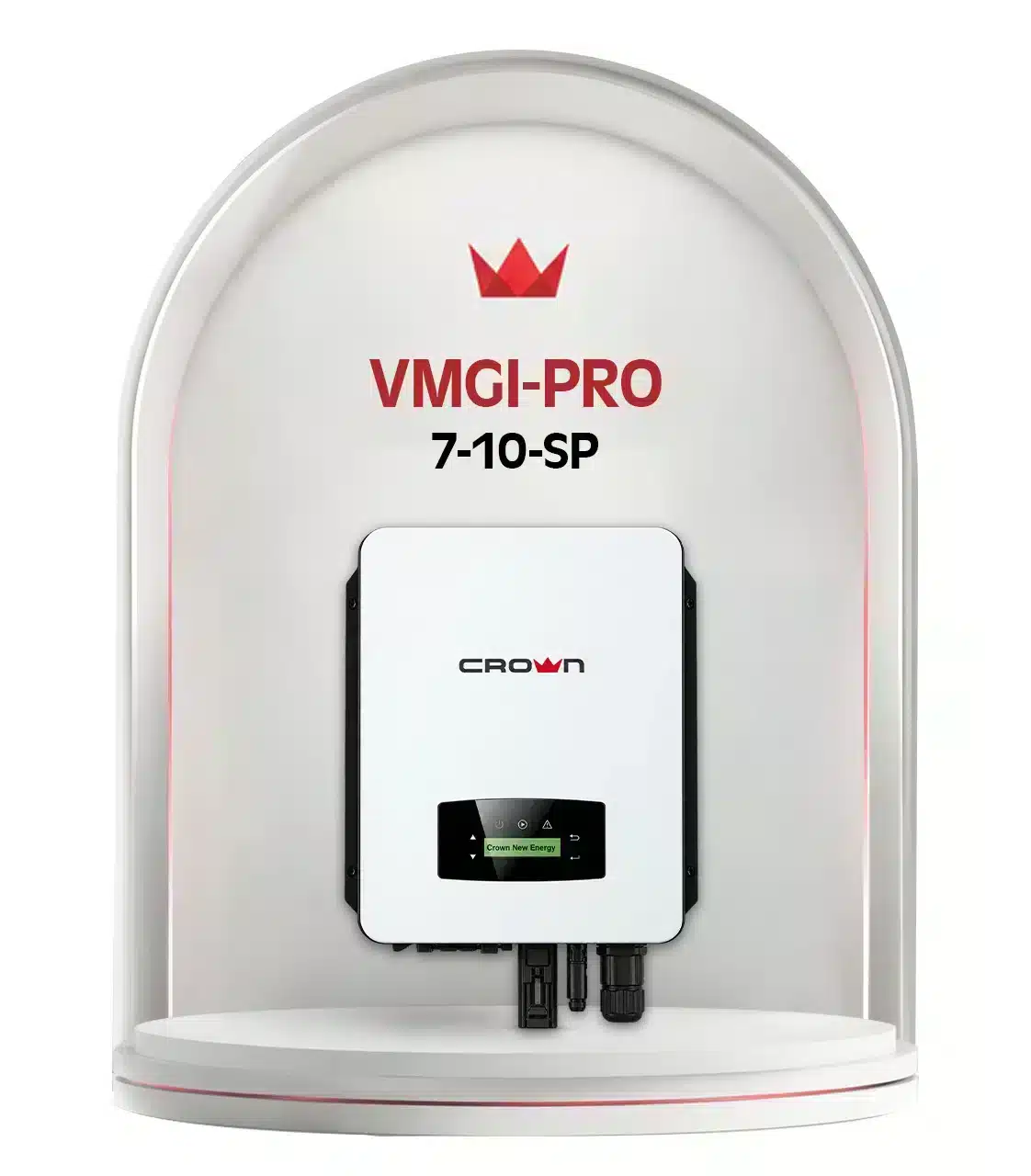 Crown VMGI-PRO single-phase solar grid-tie inverter featuring digital LCD display and bottom connection ports.