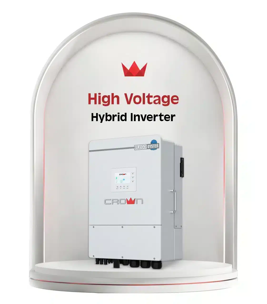 Large white Crown Micro Hybrid IP65 Three Phase inverter with a purple crown logo and built-in LCD screen.
