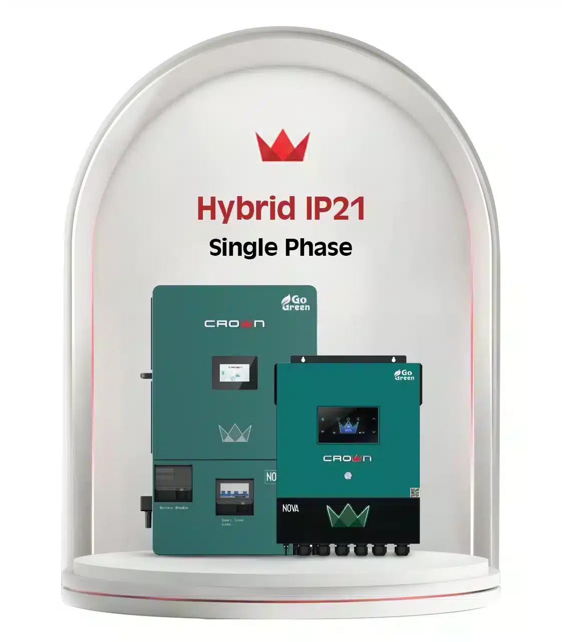 Two teal Crown Micro Hybrid IP21 Single Phase inverters with digital LCD screens and a red "Hybrid IP21 Single Phase" header.