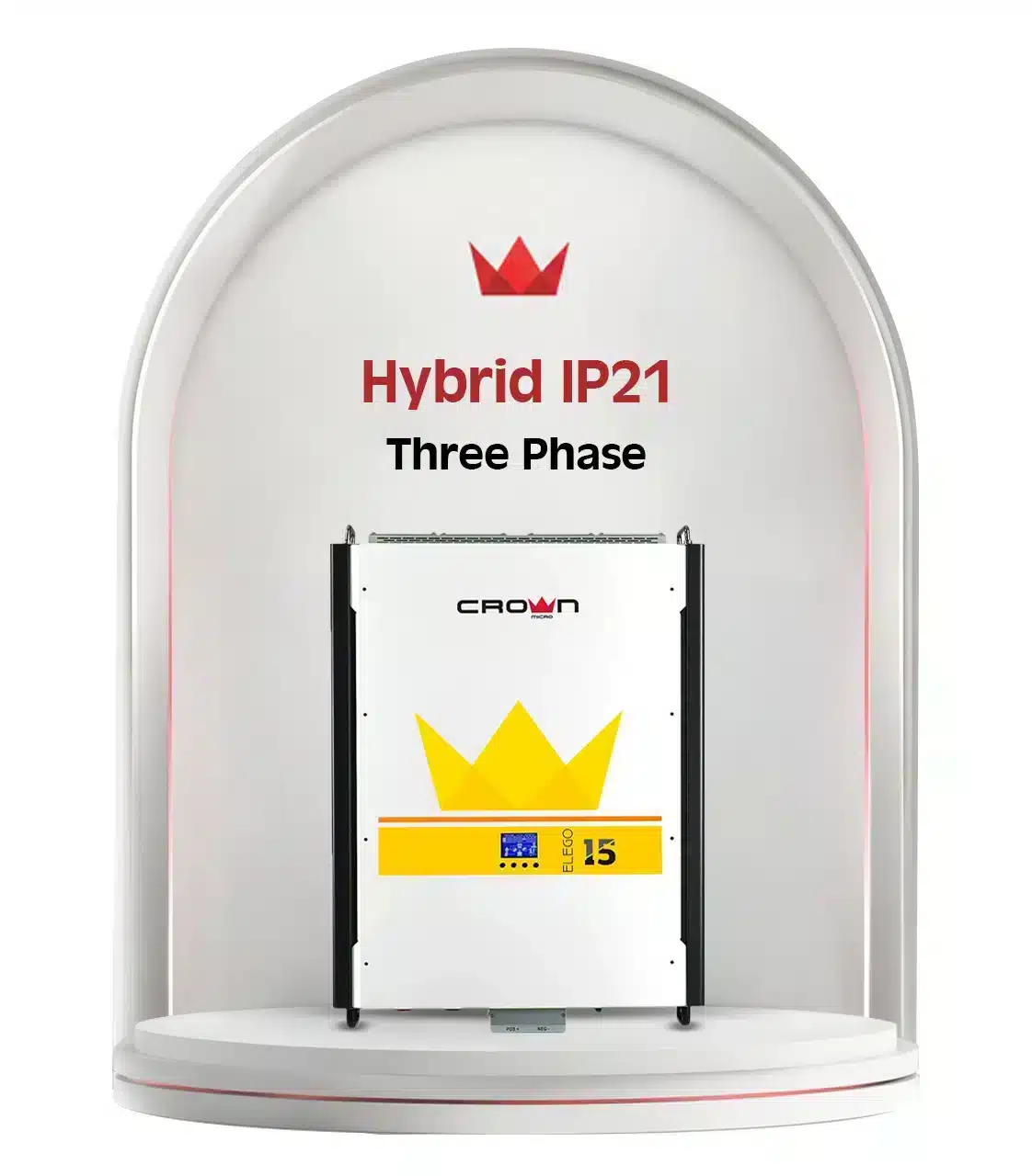Large white Crown Micro Hybrid IP21 Three Phase inverter featuring a yellow crown logo and digital LCD interface.