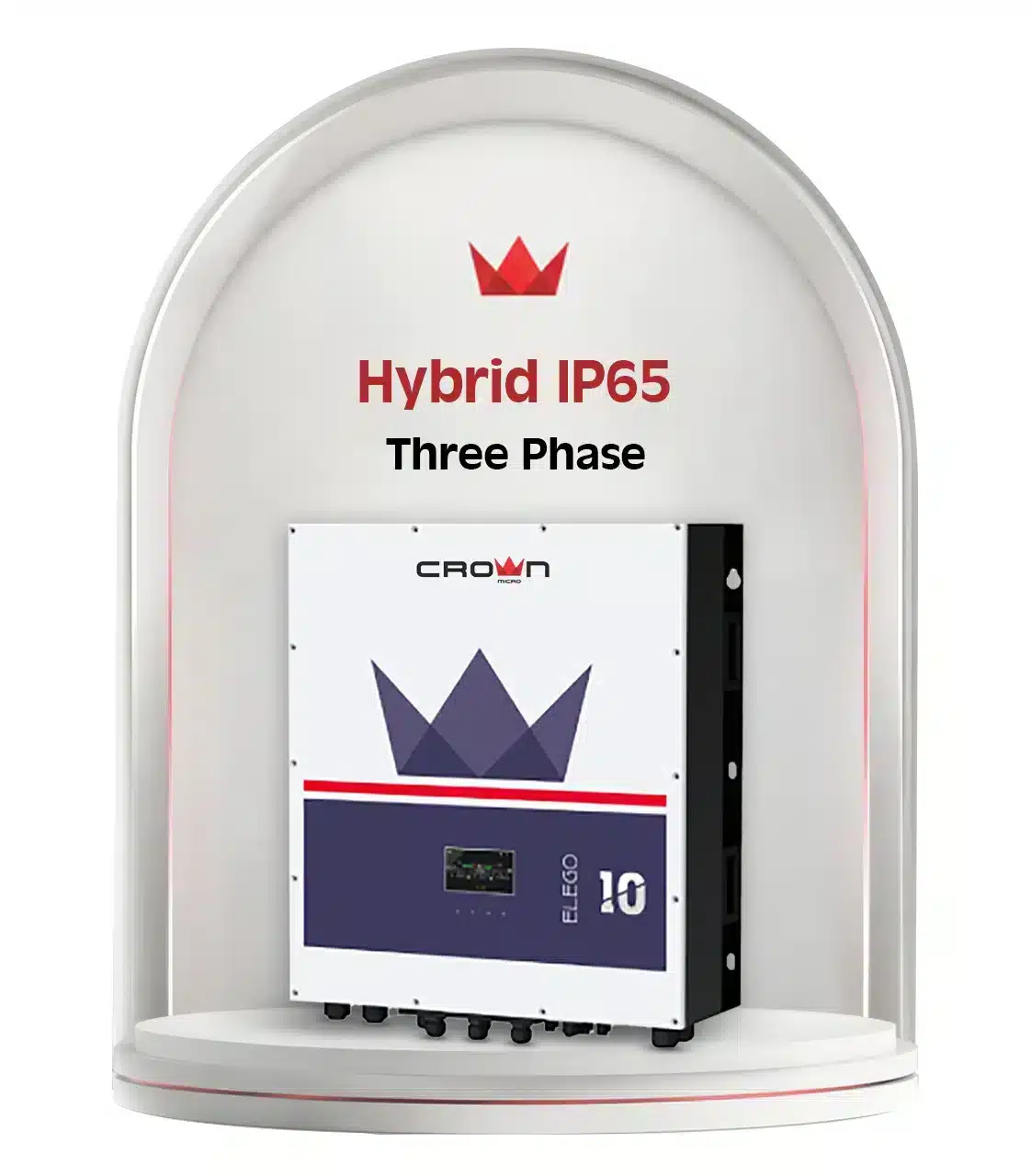 Large white Crown Micro Hybrid IP65 Three Phase inverter with a purple crown logo and built-in LCD screen.