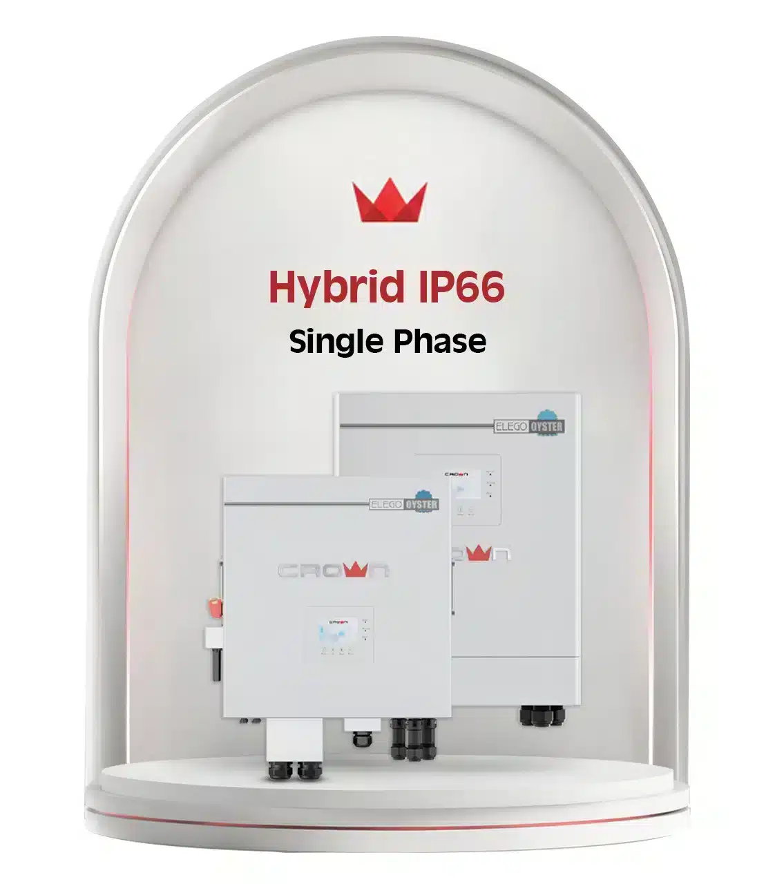 Two white Crown Micro Hybrid IP66 Single Phase inverters on a red-accented stage for weatherproof outdoor solar power.
