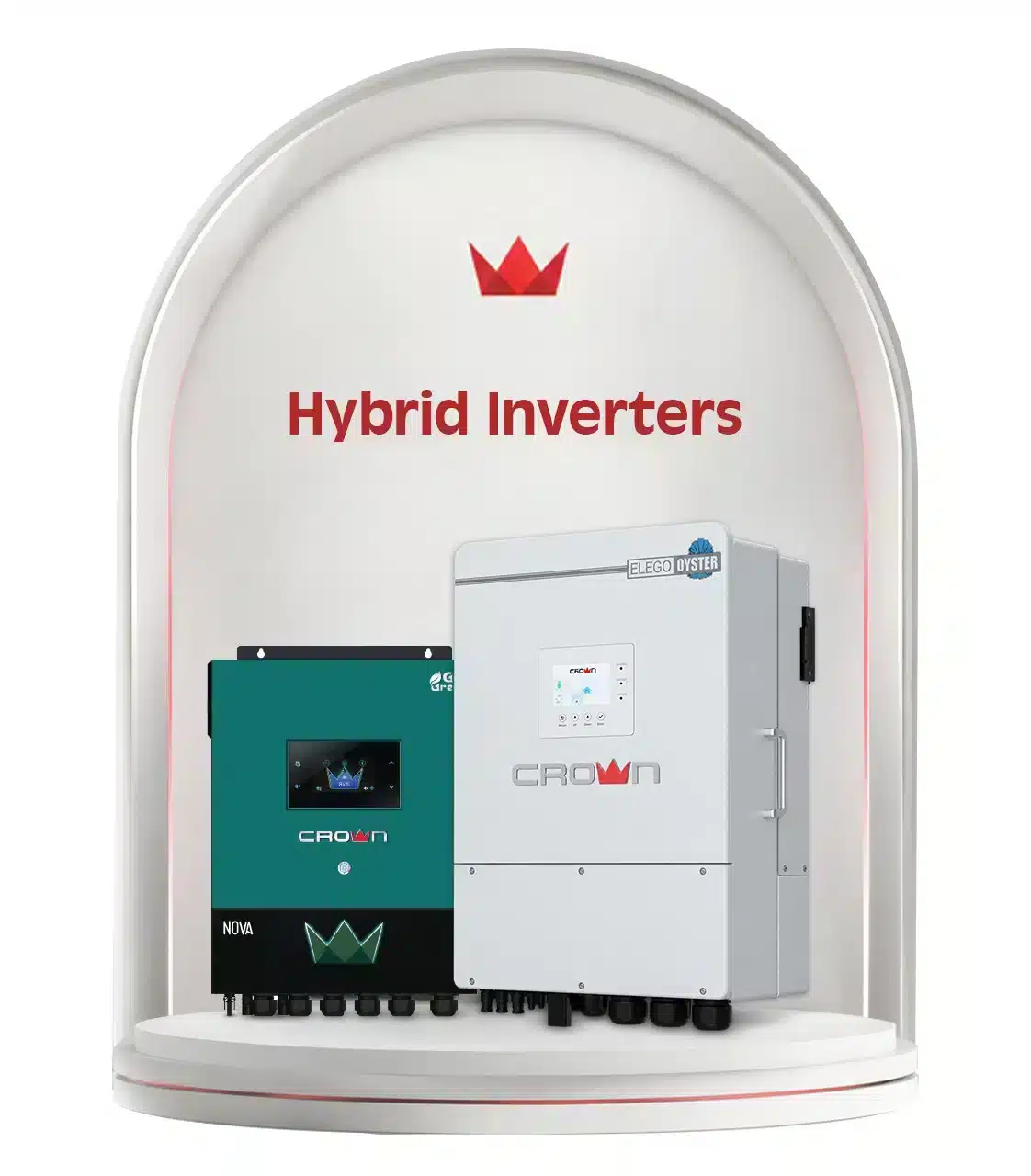Three Crown Micro hybrid solar inverters, including the Elego 6 and Xavier-II models, on a black tiered stage.