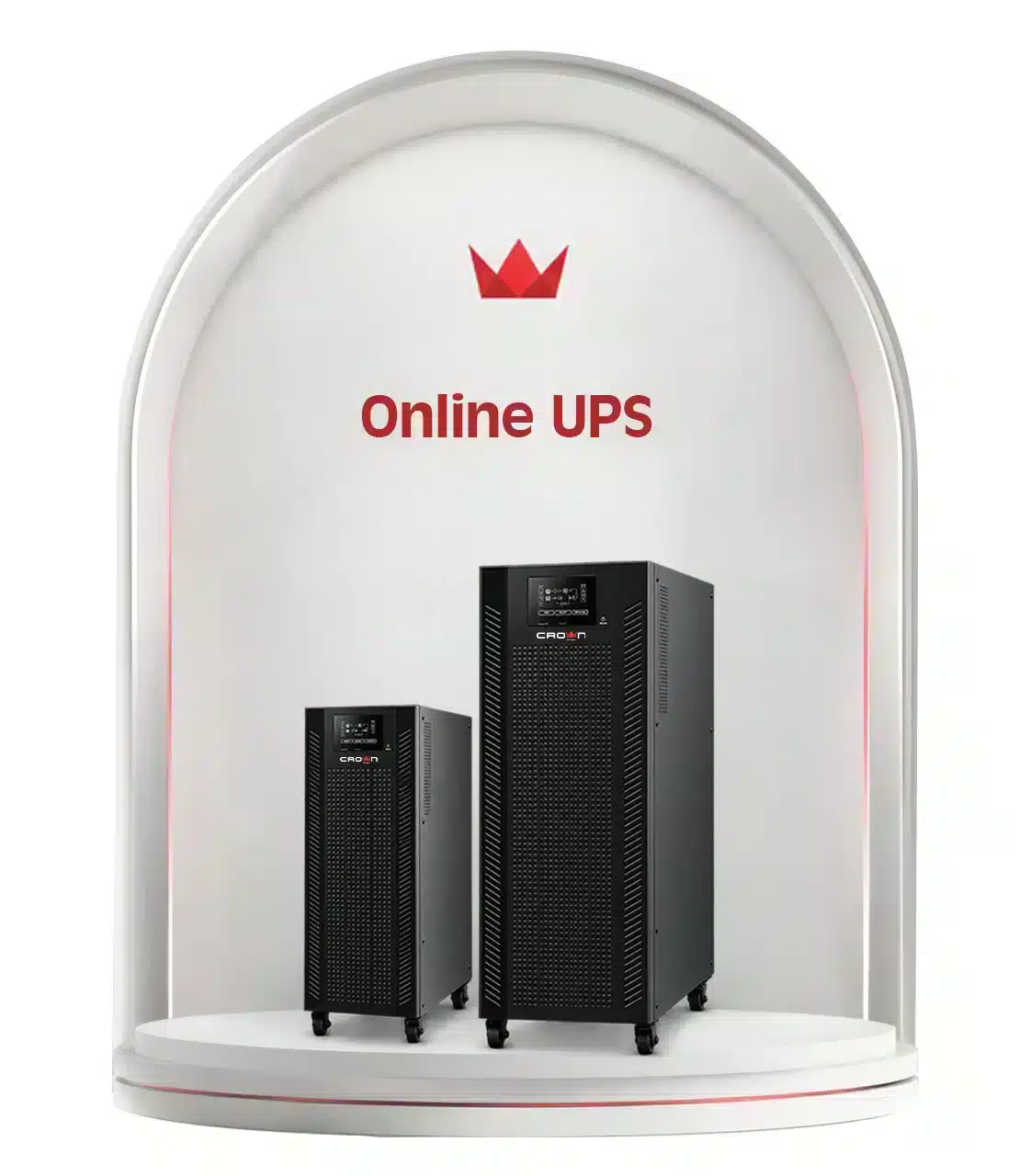 Two tower-style black Crown Micro online UPS units with digital displays and wheels for industrial power backup.